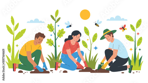 A flat, cartoon-style illustration of three people gardening outdoors (1)_traced