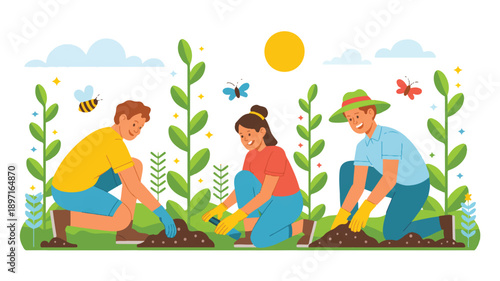A flat, cartoon-style illustration of three people gardening outdoors (4)_traced