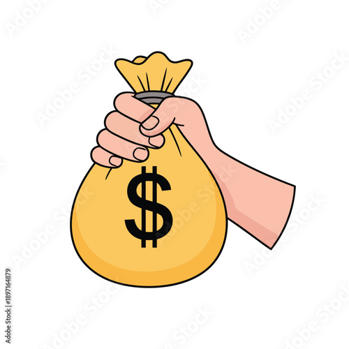 Hand holding a yellow money bag with a black dollar sign, symbolizing finance, wealth, and economic prosperity.