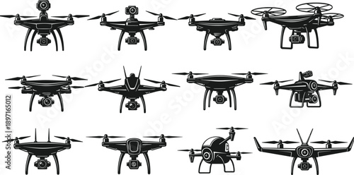 Collection of drone silhouettes featuring various quadcopter models with cameras for aerial photography surveillance remote control technology and professional unmanned aerial vehicle vector design