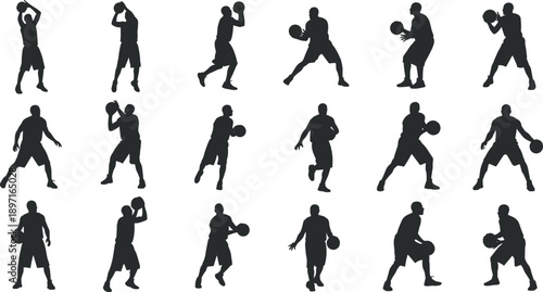 PrintCollection of eighteen male basketball player silhouettes in various action poses dribbling passing and shooting isolated on white background for team sports graphic design