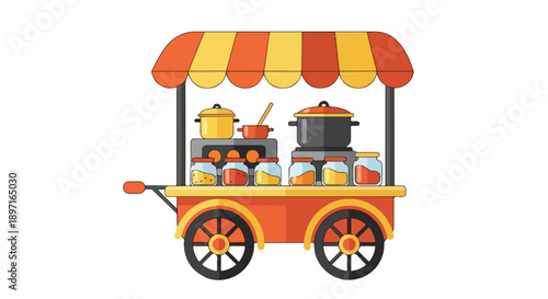 Flat illustration of a colorful food cart with pots and utensils on a white background.