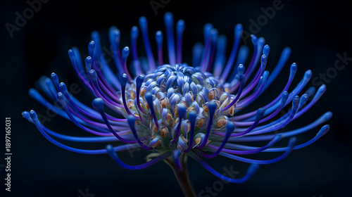 Striking Blue Pincushion Protea Flower in Macro, Dark Moody Background