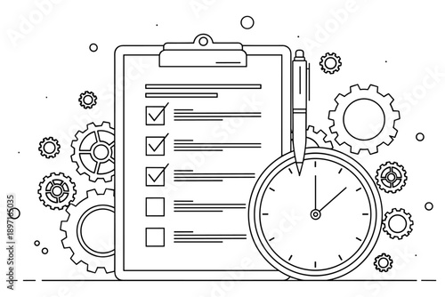 Checklist and clock with gears illustration symbolizing efficient time management and project completion in a business or industrial setting