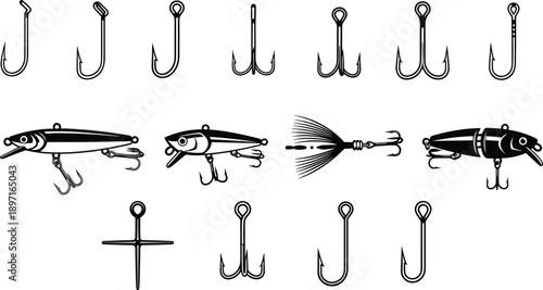 PrintCollection of fishing tackle icons including sharp metal hooks treble hooks artificial lures and crankbaits for professional angling equipment vector illustration and outdoor hobby design