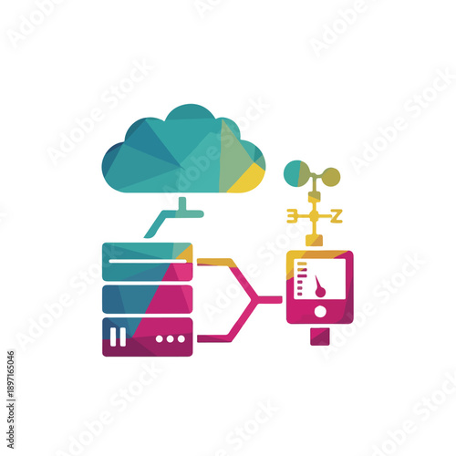 Cloud computing data server connected to weather station and anemometer, digital technology concept