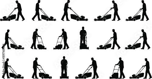 PrintCollection of male gardener silhouettes in various poses operating lawn mowers for grass cutting isolated on white background for landscaping and garden maintenance design