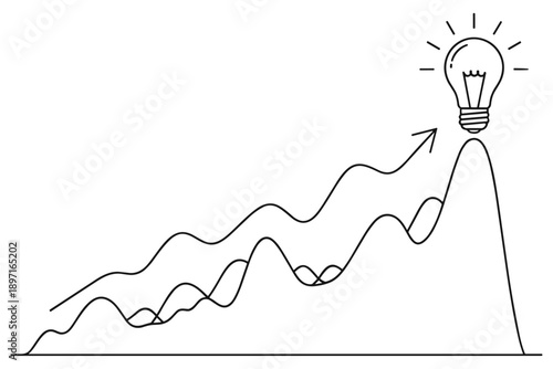 Illustrative concept of overcoming challenges and reaching new heights with innovation and bright ideas symbolized by a graph and a lightbulb