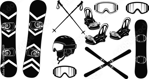 PrintCollection of winter sports equipment silhouettes including snowboards skis boots helmets and goggles isolated on white background for mountain resort and active holiday design