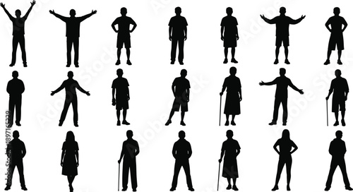 PrintLarge collection of diverse people silhouettes featuring men and women in various standing poses including individuals using walking sticks for inclusive community and social diversity