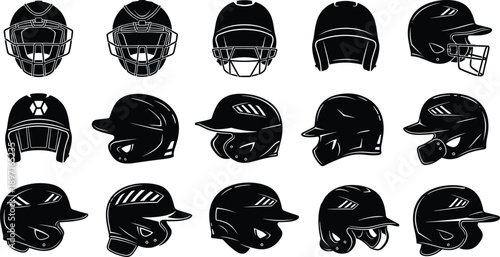 PriLarge collection of baseball and softball helmet silhouettes featuring batting helmets with face guards and catchers masks for team sports equipment and league logo designnt