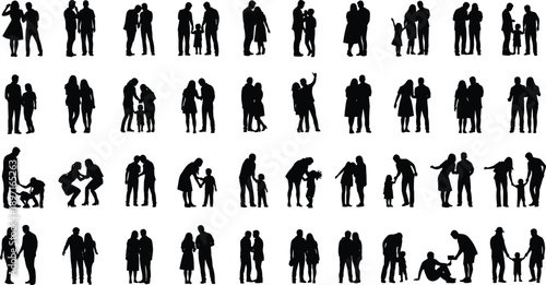PrintLarge collection of family silhouettes featuring happy couples parents with children and diverse people groups for community bonding lifestyle concepts and social unity vector design