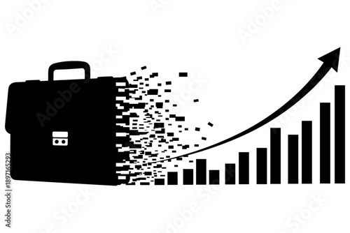 Business growth and financial success visualized with a dissolving briefcase transforming into an upward trending bar graph symbolizing progress