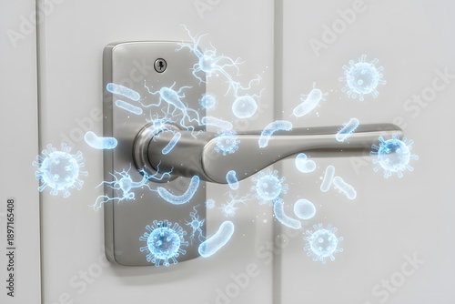 Close-up of a door handle covered with bacteria and viruses. Concept of germs, hygiene, contamination and infection risk in public spaces, healthcare and home safety. AI generated image
