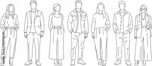 PrintSet of modern fashion people line art icons featuring stylish men and women in trendy casual and professional outfits for lifestyle branding and clothing design