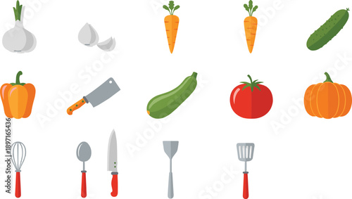 Colorful vegetable and kitchen utensil icon collection featuring garlic, carrot, cucumber, bell pepper, tomato, pumpkin, cleaver, whisk, spoon, spatula, and slotted turner designs