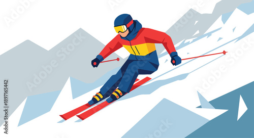 Illustration of a skier in a red, yellow, and blue outfit skiing down a snowy mountain slope with a graphic, stylized background.