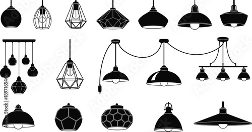 PrintSet of modern pendant lighting silhouettes and ceiling lamp icons featuring industrial chandeliers hanging light fixtures and minimalist lampshades for interior home decor design