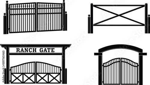 PrintSet of ornamental metal driveway gates and rustic wooden ranch gate silhouettes for property security entrance design farm fencing and residential estate architecture vector illustration