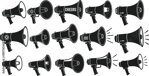 PrintSet of megaphone silhouettes and loudspeaker icons for protest communication marketing announcements public speaking and broadcast media equipment for commercial advertising and propaganda design