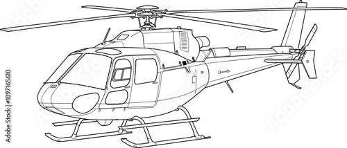 Detailed helicopter line drawing illustration in side view with rotor blades, tail rotor, cockpit windows, fuselage, skids, and structural details for aviation, engineering, and technical projects