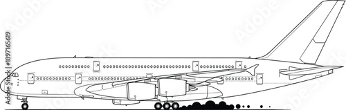 Detailed Airbus A380 commercial aircraft line drawing in side profile view with fuselage, wings, engines, landing gear, and double passenger decks for aviation and engineering projects