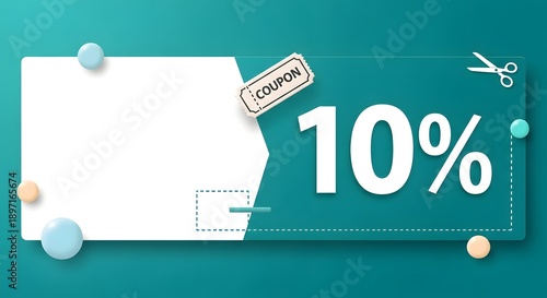Creative Horizontal 10% Discount Coupon Banner with Scissors for a Cut-Out Effect on a Teal and White Background