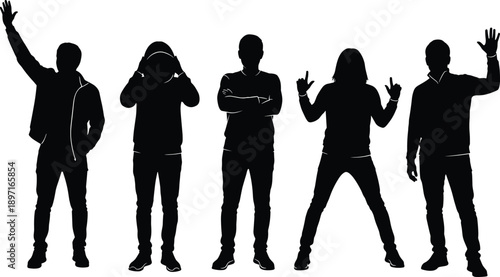 Black silhouette illustration of five human figures in expressive poses with raised arms, crossed arms, and gestures symbolizing communication, individuality, emotion, and body language design