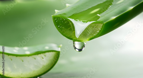 Aloe vera leaf with fresh gel dropping as a single clear drop
