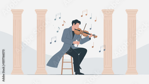 A minimalist illustration of a musician playing a violin in a classical architectural setting (3)_traced