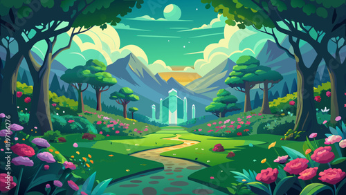 Very beautiful serene artwork of a vast green meadow leading toward the enchanting Vrindavan forest, filled with cascading flowering vines and vibrant blossoms creating a spiritual, dreamlike landscap