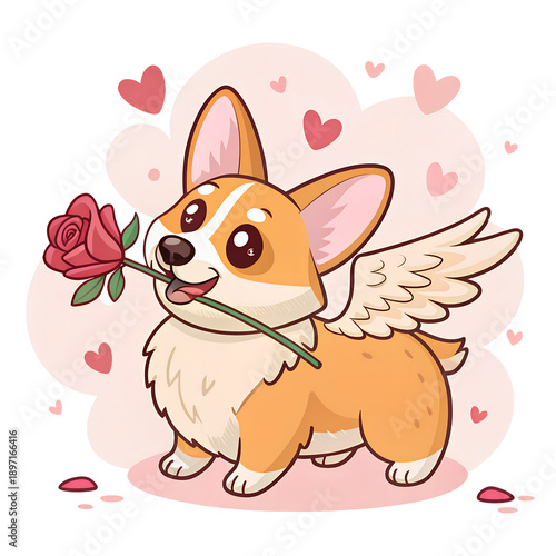 Corgi Angel of Romance: A charming corgi, adorned with delicate wings, offers a vibrant rose, evoking feelings of love and adoration. The illustration is filled with romantic hearts and petals.