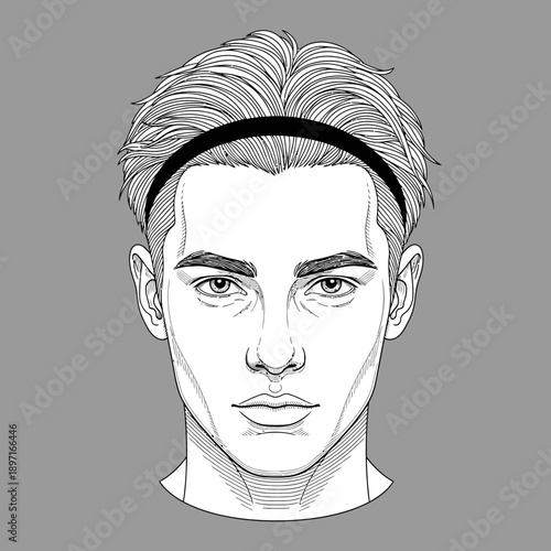 Young man with headband front view black and white illustration.