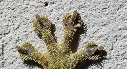 Close up of a green star shaped plant with spiky texture against a grey stone background