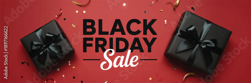 Black Friday Sale banner with elegant black gift boxes, festive confetti, and streamers on a vibrant red background, perfect for promotional events and holiday shopping discounts
