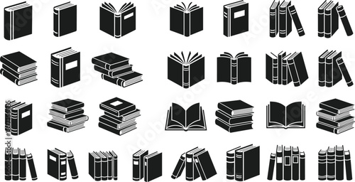 Minimal book icon set with stacked, open, and standing books, modern black library symbols for education, publishing, reading apps, and digital knowledge concepts
