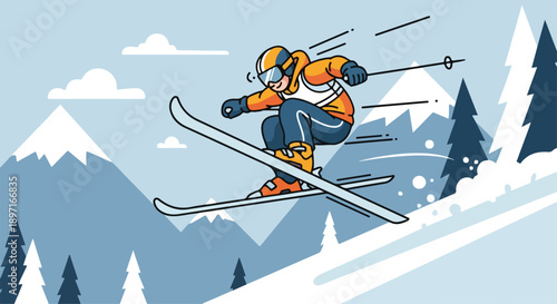 A cartoon skier in orange and blue gear jumps through the air with snowy mountains and trees in the background.