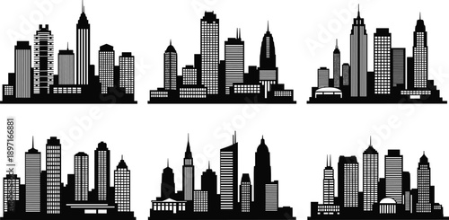 Modern urban city skyline silhouettes collection with skyscrapers, downtown architecture, metropolitan buildings, vector illustration set for business, real estate, technology, and corporate 
