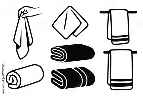 Collection of Towel Icons: Hand Holding, Folded, Rolled, and Hanging