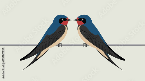 A minimalist illustration of two blue and black barn swallows perched side by side on a single horizontal gray wire (3)_traced