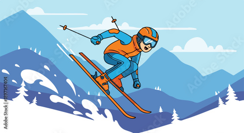Illustration of a skier in mid-air with orange skis and poles, wearing blue and orange gear, against a snowy mountain landscape with trees and a clear blue sky.