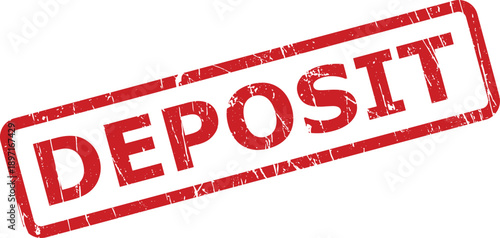 An eye catching red rectangular grunge stamp clearly displays the word DEPOSIT on a bright white background, marking a payment