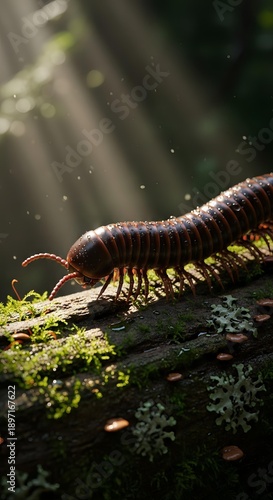 Centipede on Mossy Wooden Log in Sunlit Forest Environment