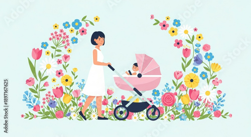 Mother Pushing Pink Baby Stroller through Vibrant Floral Garden
