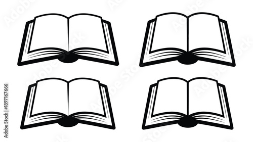 Open book outline icon collection, line art silhouettes in various styles, vector set for academy, education, study, and knowledge graphics