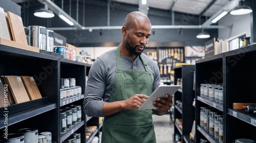 African American Worker Checking Inventory on Tablet in Modern Hardware Store Paint Aisle