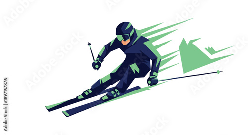 Illustration of a skier in a dynamic skiing pose with green accents and motion lines on a white background.
