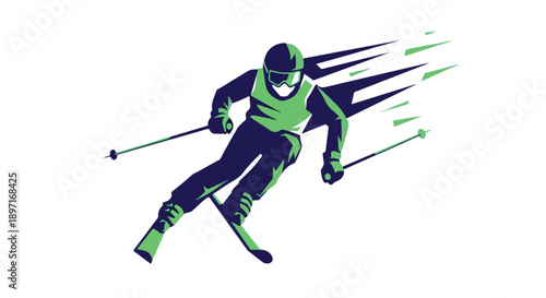 A skier in green and blue gear skiing quickly with motion lines on a white background.