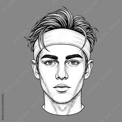 Handdrawn portrait of a young man with a headband.