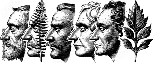 Portraits of elderly men with botanical elements - vintage engraving art for historical design